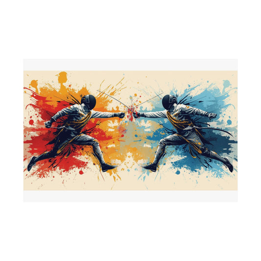 Artistic depiction of two fencers with colorful splashes on a beige background