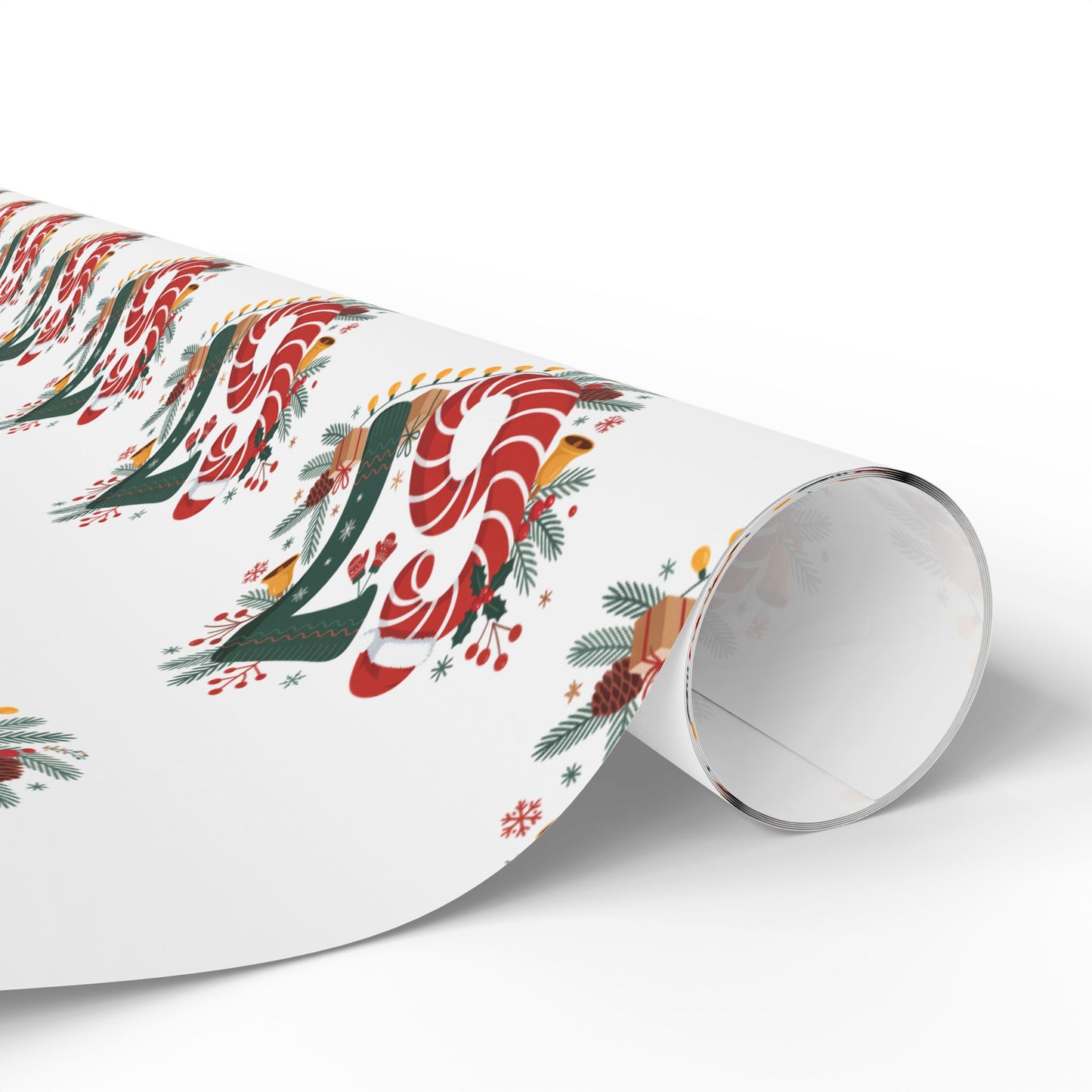 Roll of Christmas-themed wrapping paper on a white background.