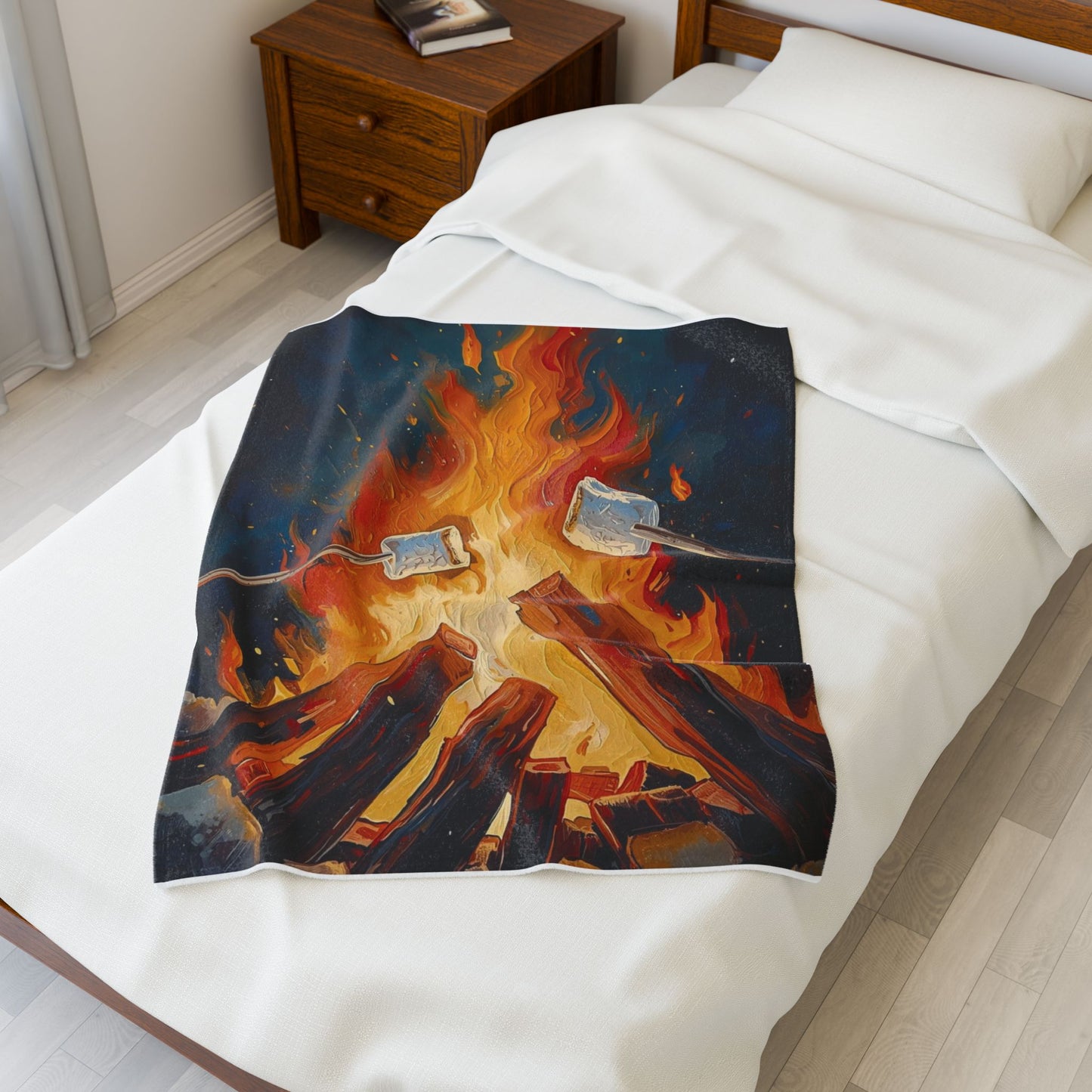 Bonfire Marshmallow Plush Blanket — Cozy Velveteen Throw for Camping Nights & Outdoor Gatherings