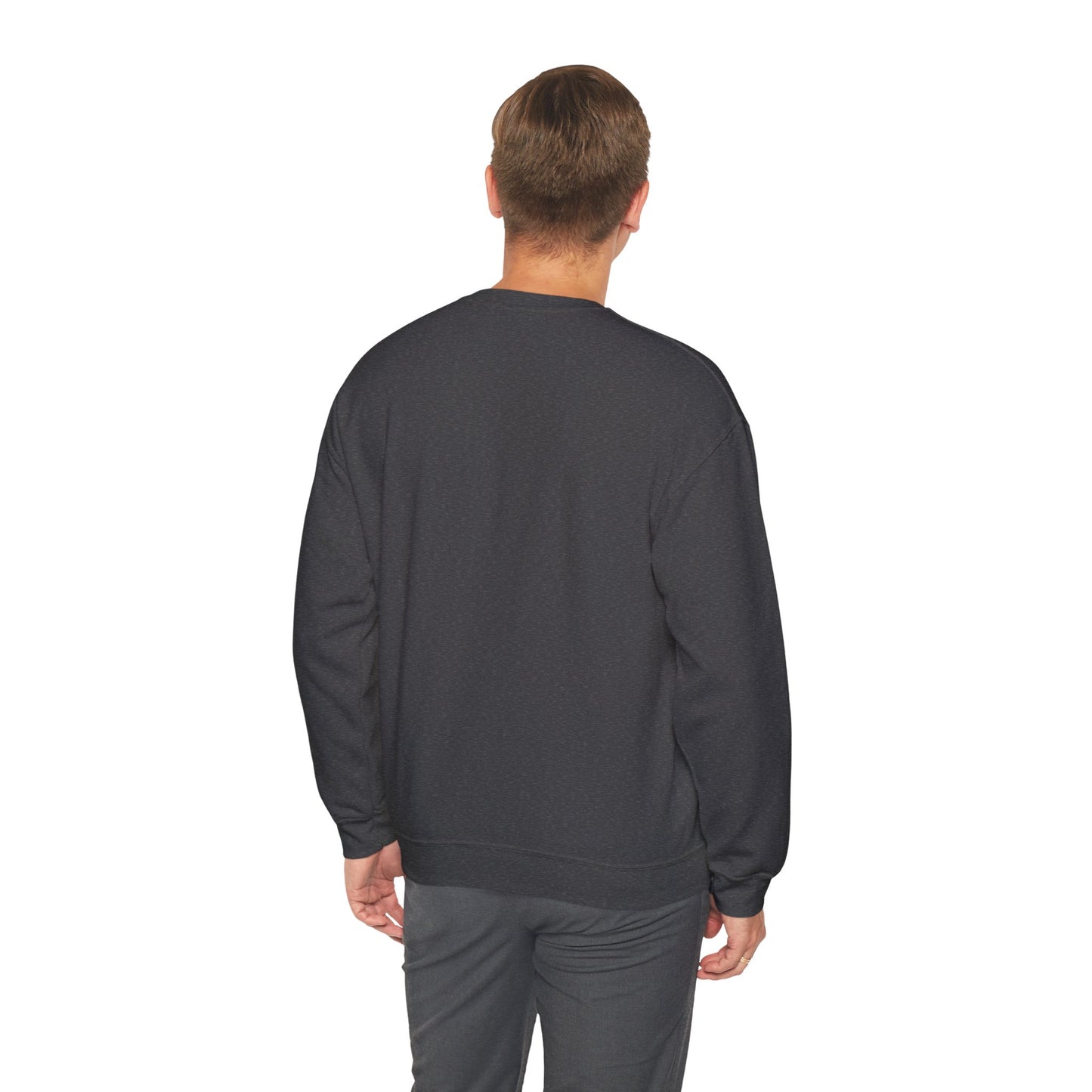 Back side of a man wearing a dark gray sweatshirt and pants on a white background