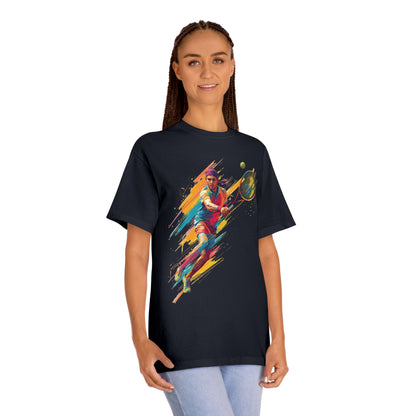 Tennis Player Graphic Tee — Colorful Action Racquet Design Shirt