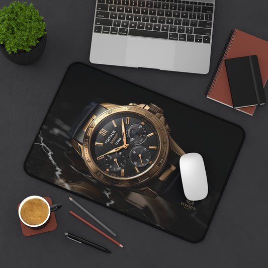 Mouse pad with a luxury watch design on a desk with a laptop, coffee, and stationery.