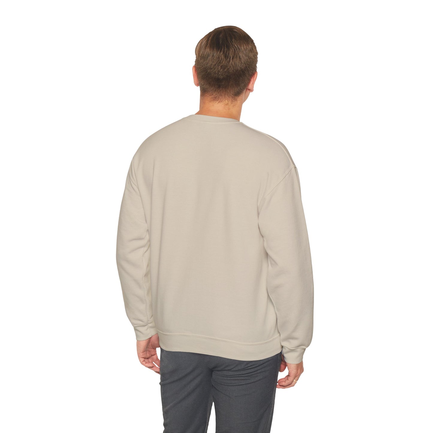 Back side of a man wearing a beige sweatshirt on a white background