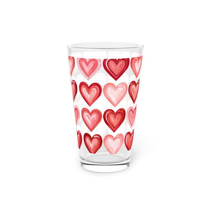 Valentine Heart Pattern Pint Glass — 16oz Romantic Red & Pink Glass