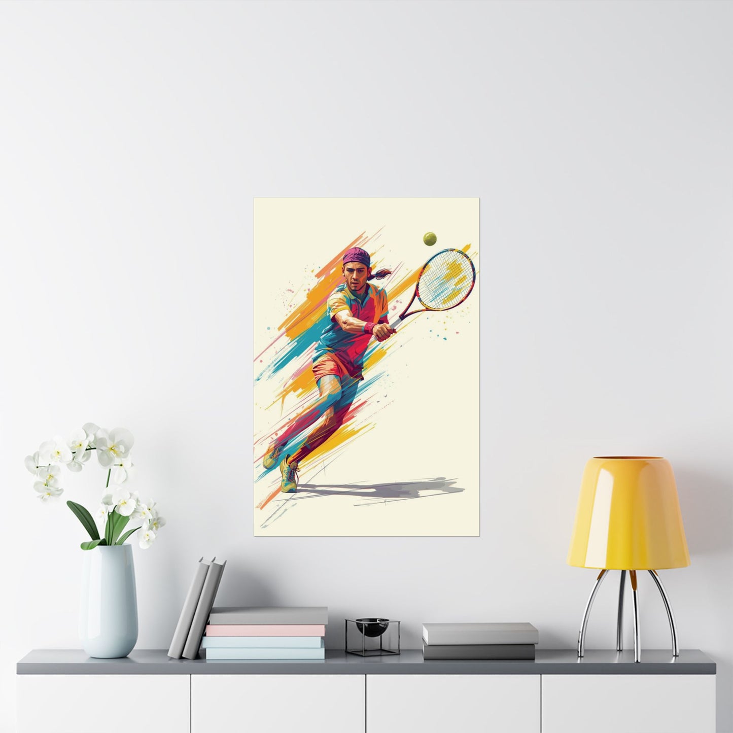 Colorful abstract painting of a tennis player on a wall above a shelf with decor items.