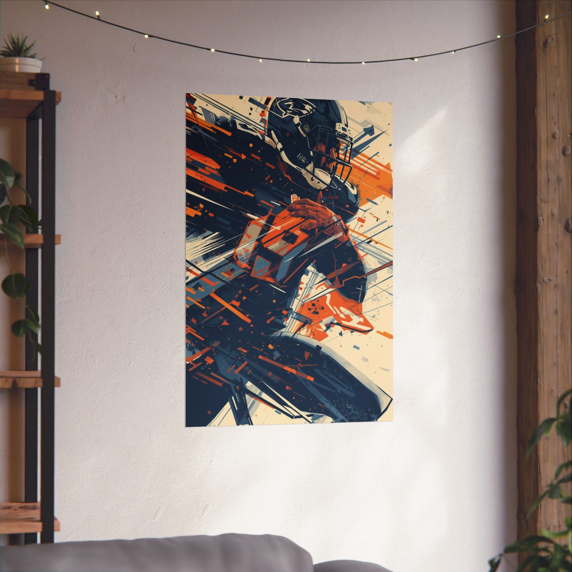 Abstract art print on a wall in a room with a plant and shelf.