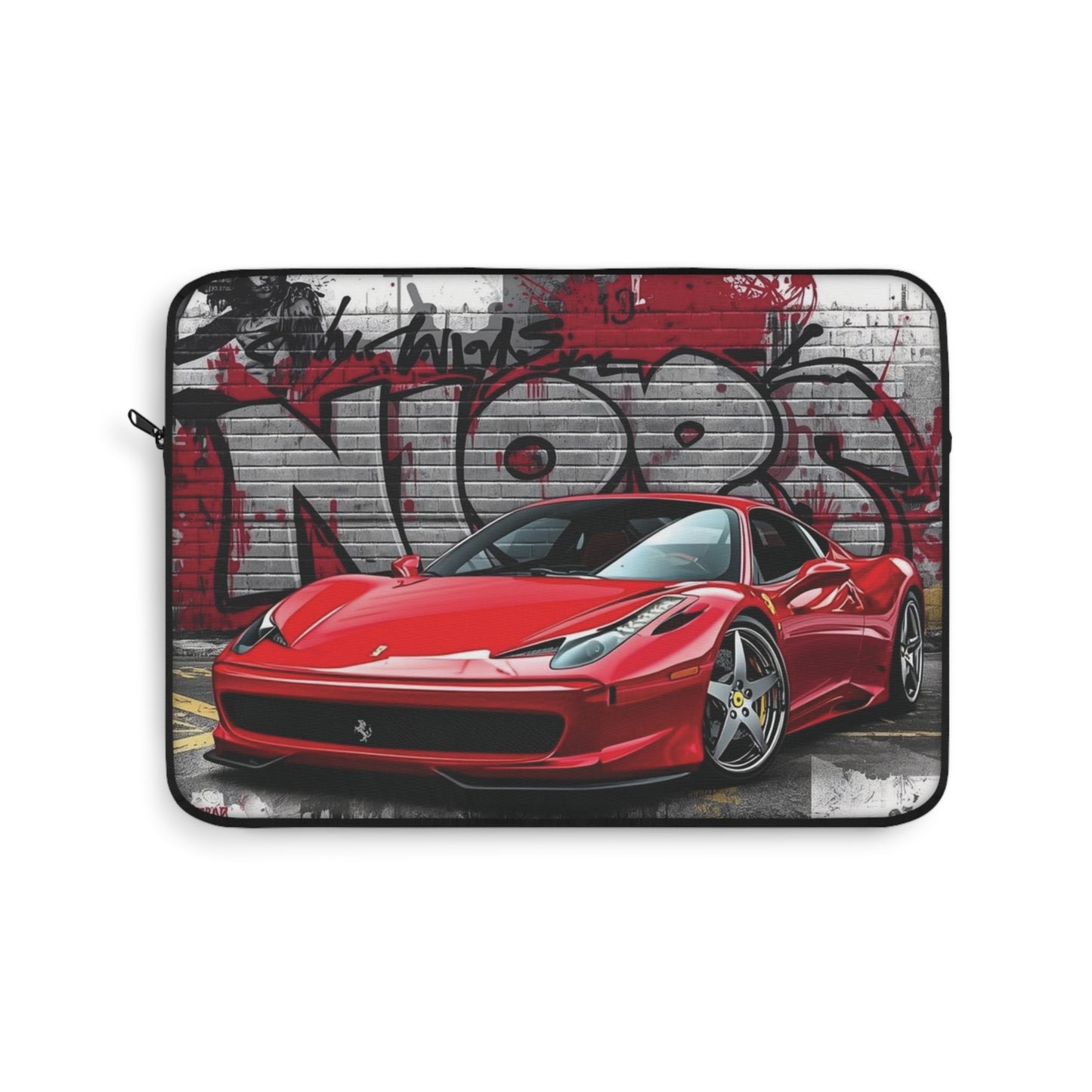 Laptop sleeve with red sports car design on a graffiti-themed background
