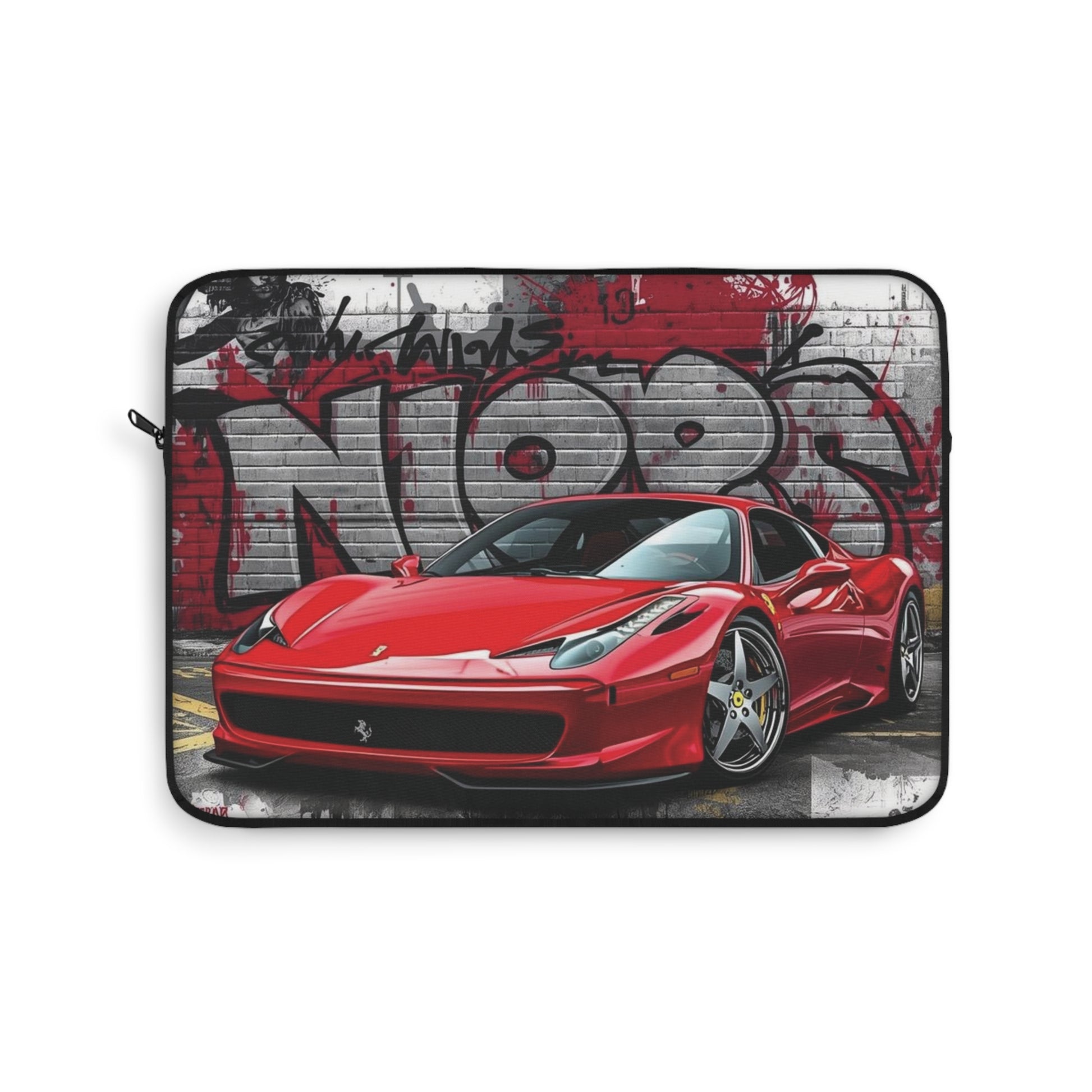 Laptop sleeve with red sports car design on a graffiti-themed background