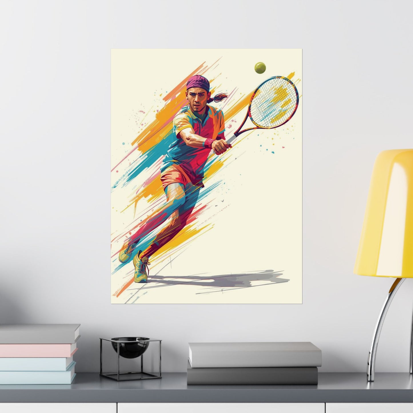 Colorful abstract painting of a tennis player on a wall above a shelf.