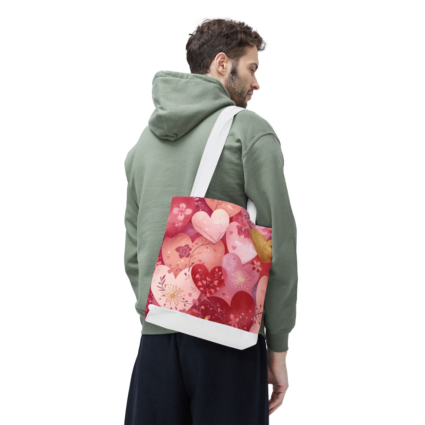 Heart Pattern Tote Bag — Pink Floral Valentine All-Over Print