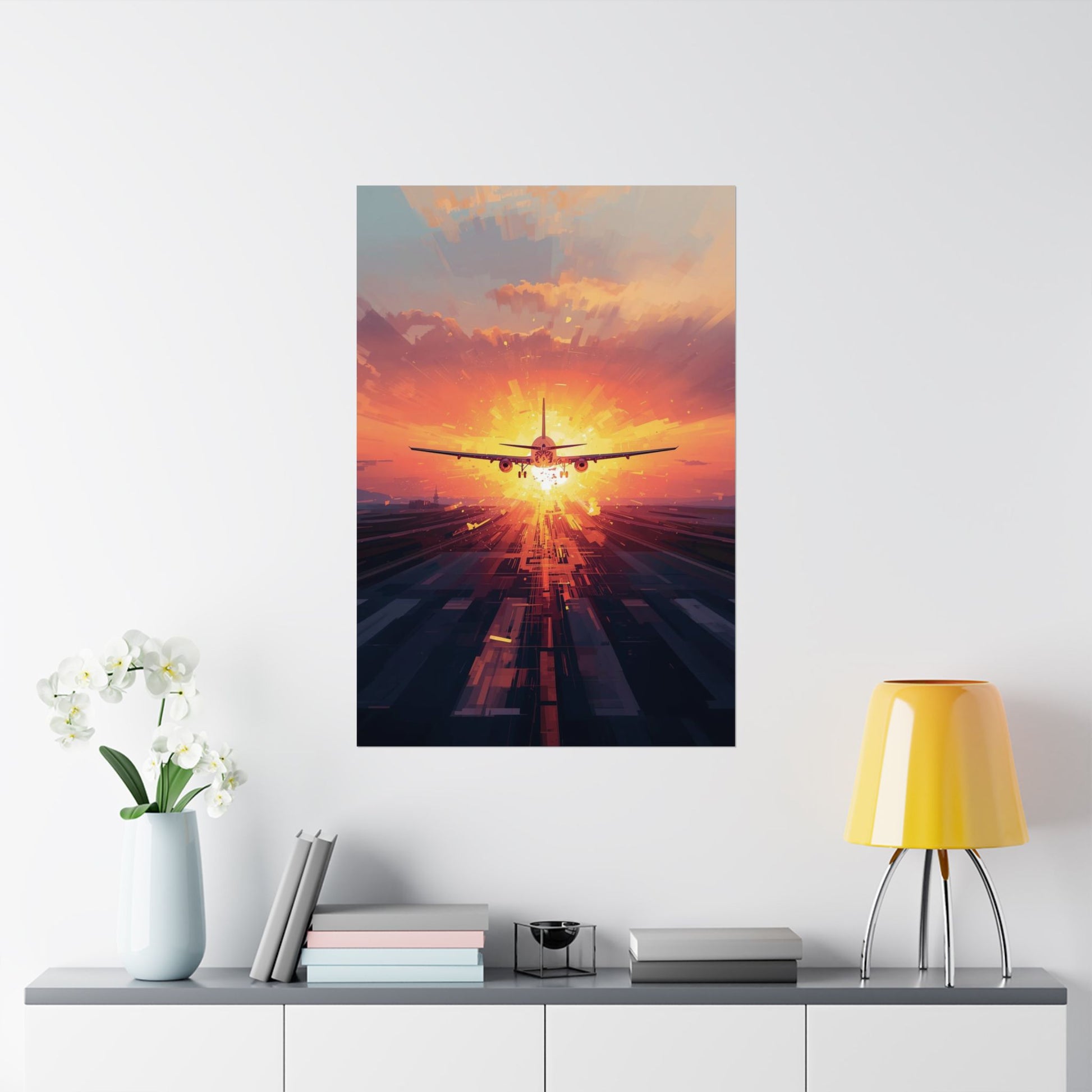 Poster of an airplane at sunset on a wall above a shelf with decor items.