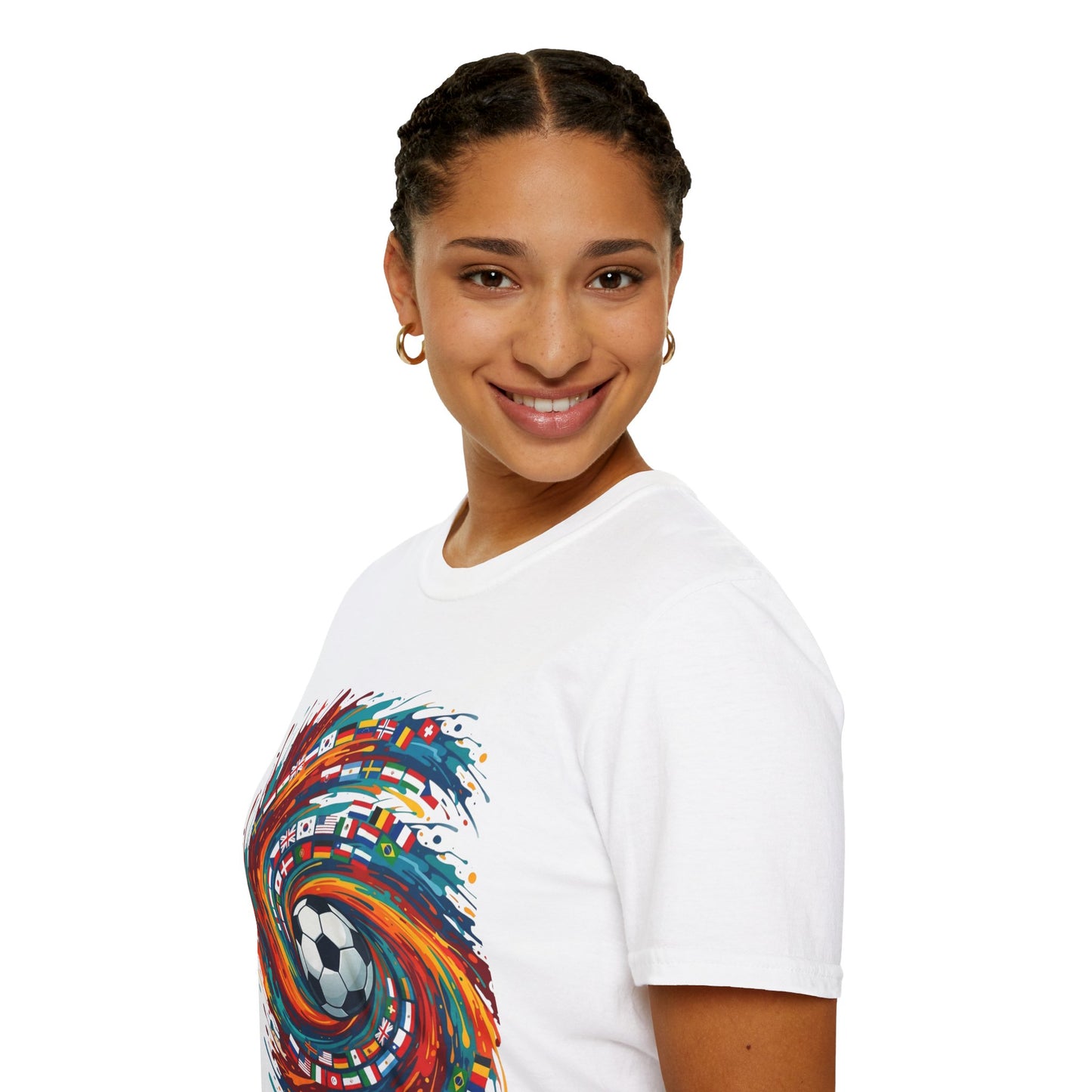 Soccer World Flags T-Shirt — Vibrant International Football Swirl