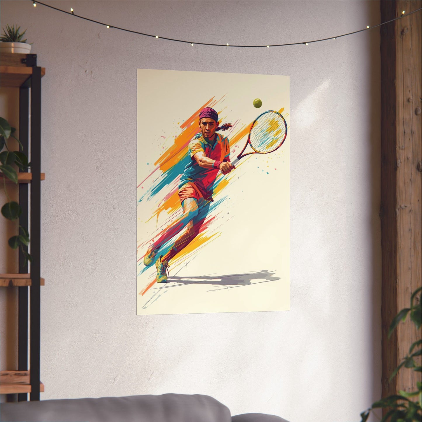 Colorful abstract painting of a tennis player on a wall in a room with a shelf and plants.