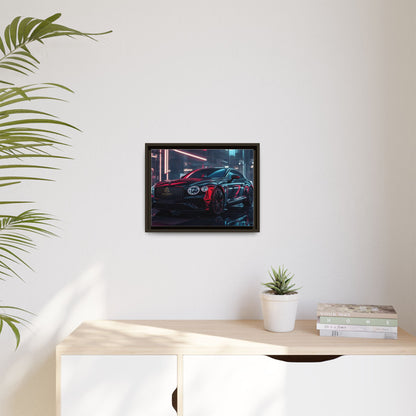 Framed Matte Canvas Print — Red Luxury Sports Car Neon City Wall Art