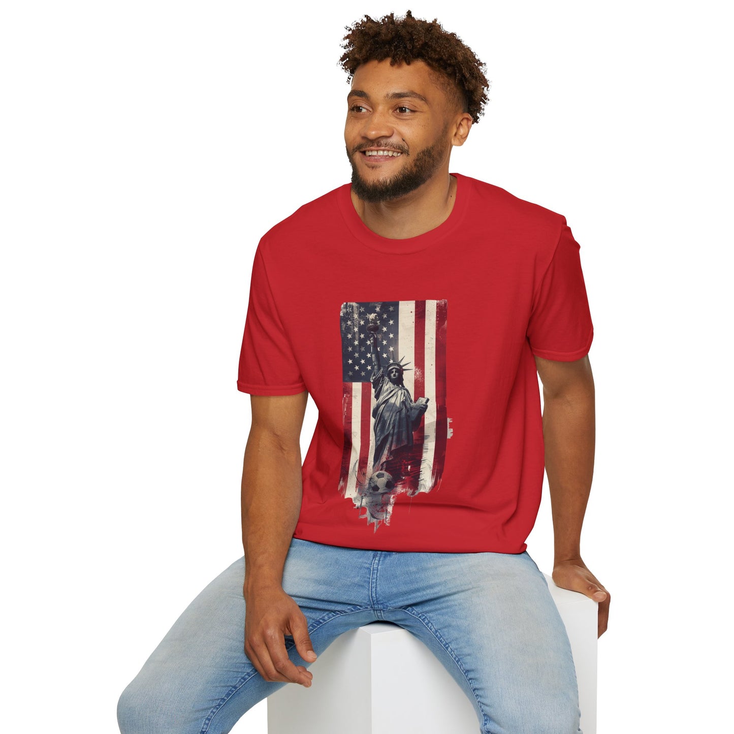 Statue of Liberty American Flag Soccer T-Shirt — Patriotic USA Graphic Tee