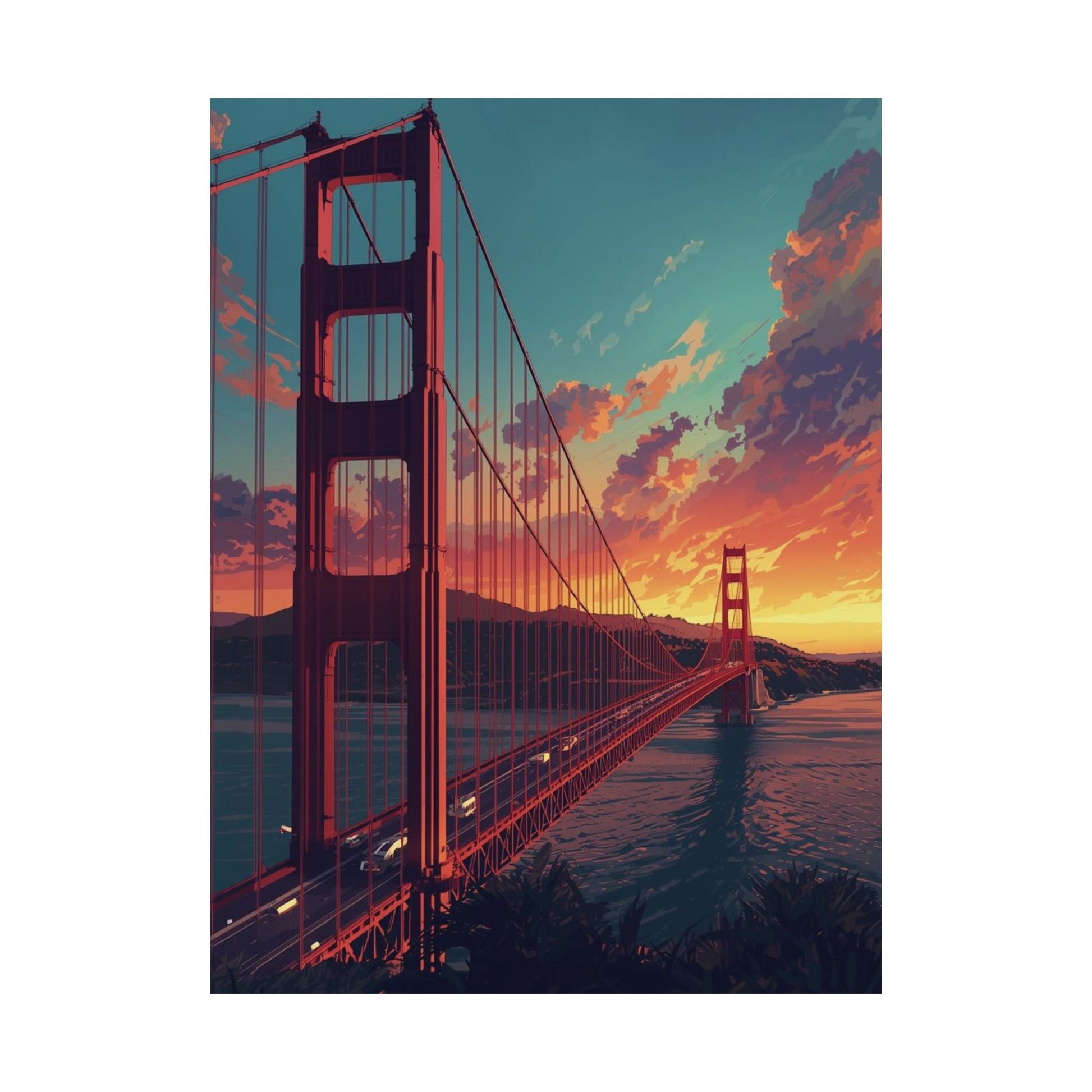 The Golden Gate Bridge during sunset with vibrant colors.