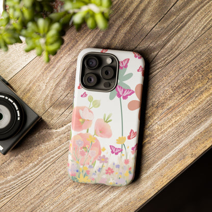 Floral phone case on a wooden surface with a camera and plant in the background