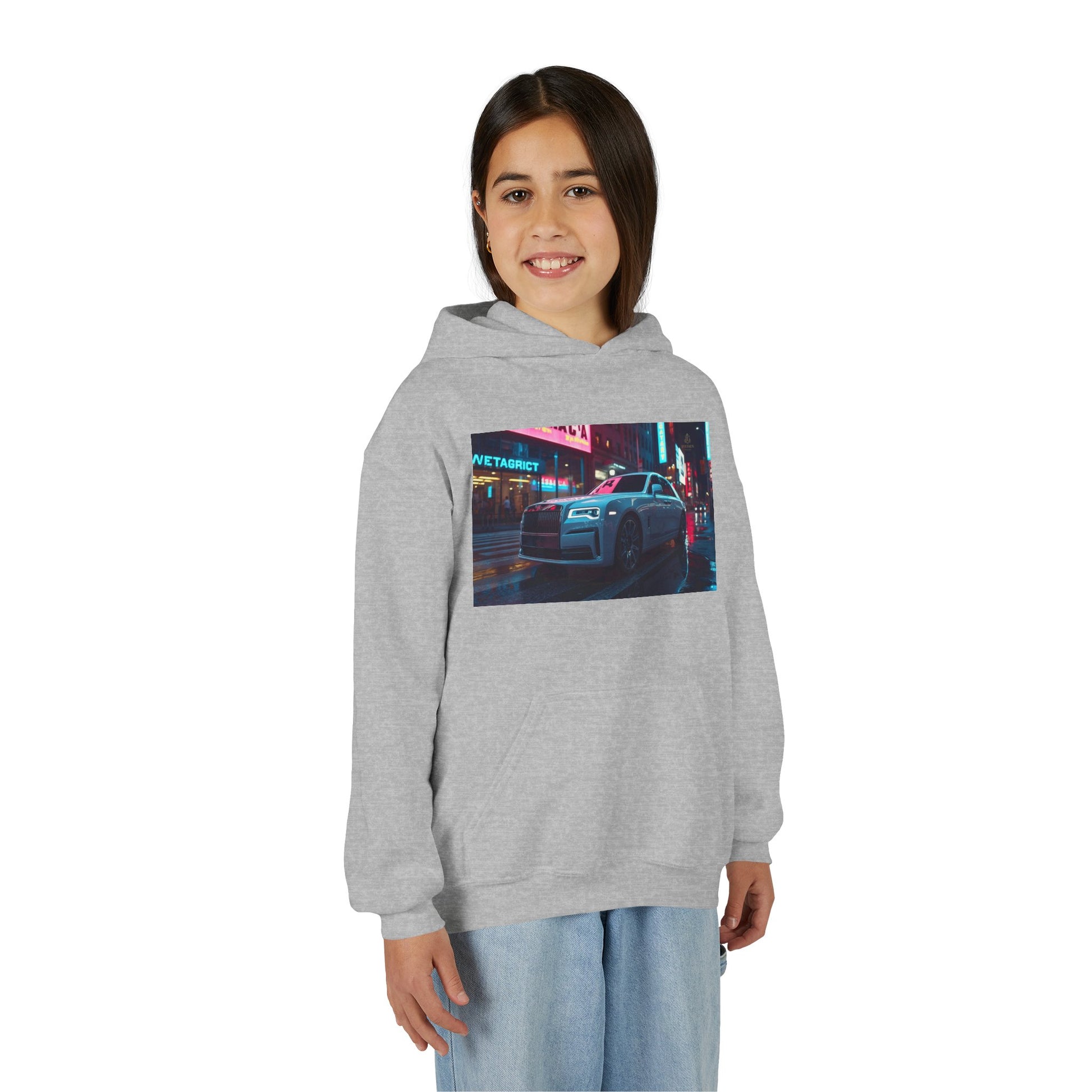 Person wearing a gray hoodie with a colorful graphic design on a white background