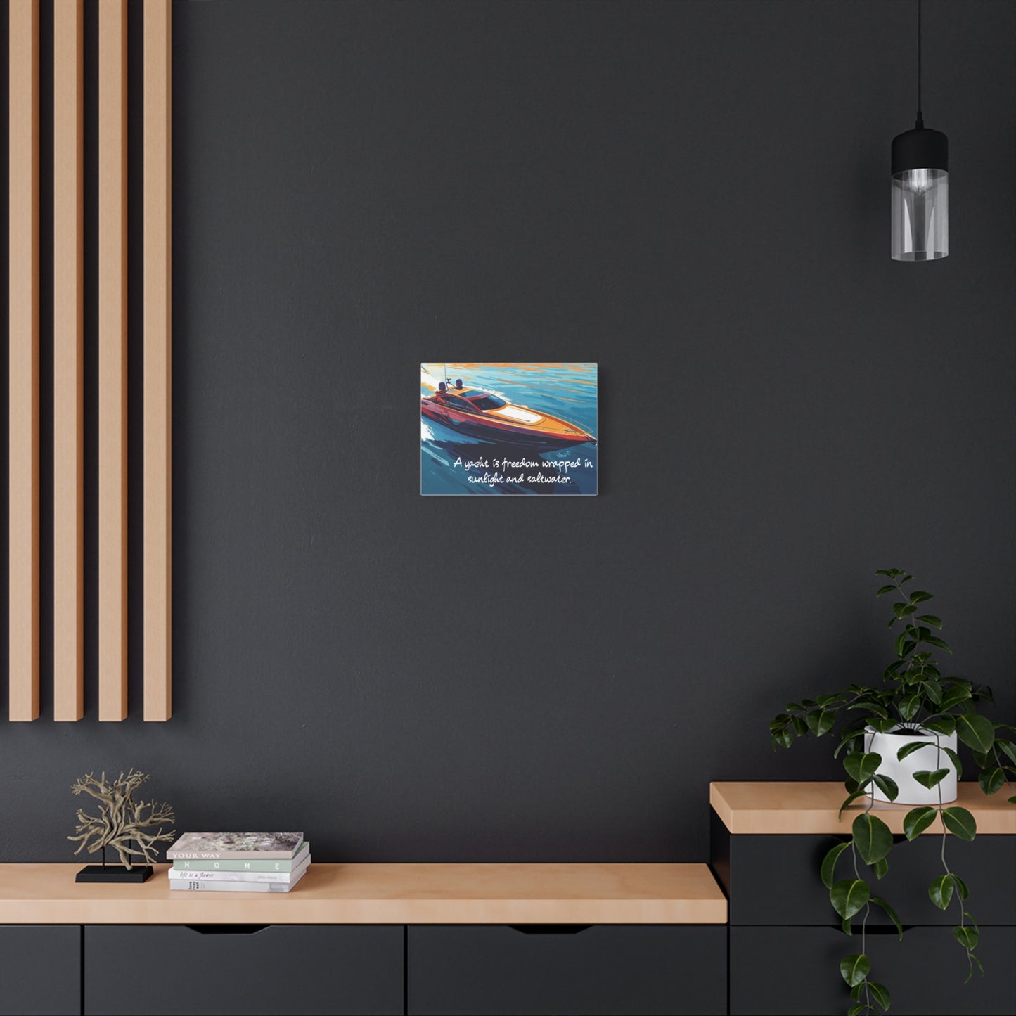 Yacht wall art on a dark wall with wooden shelves and decor.