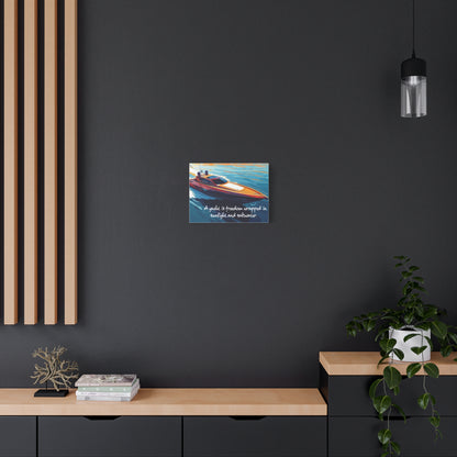 Yacht wall art on a dark wall with wooden shelves and decor.