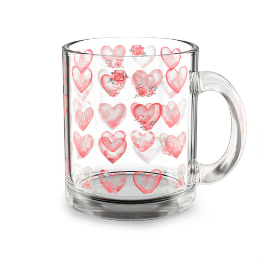10oz Glass Mug — Pink Watercolor Hearts Love Pattern (Valentine’s Day Gift)