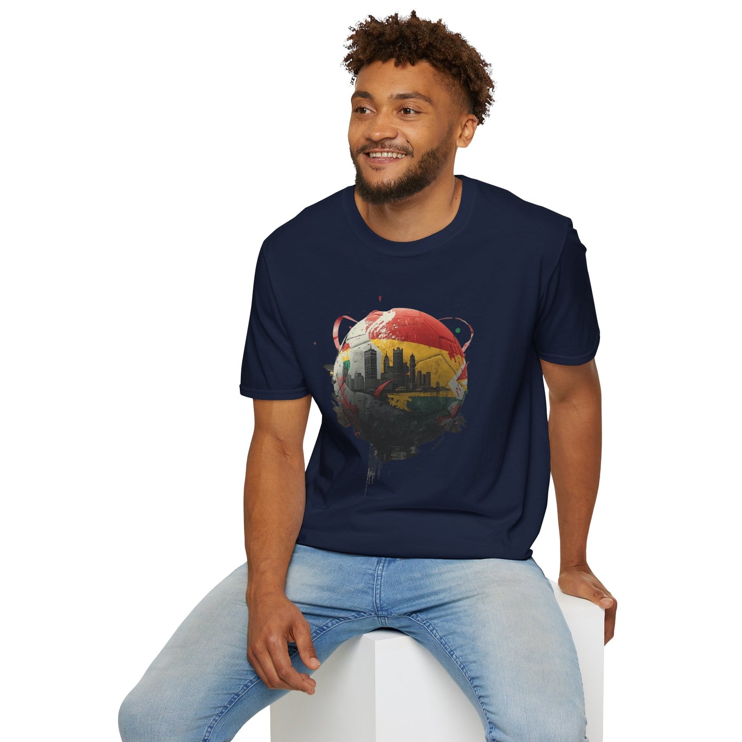 Ghana Soccer Ball with Accra Skyline and Flag Drips T-shirt Fan Tee