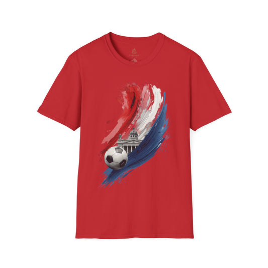 Red t-shirt with a soccer ball and building graphic on a white background