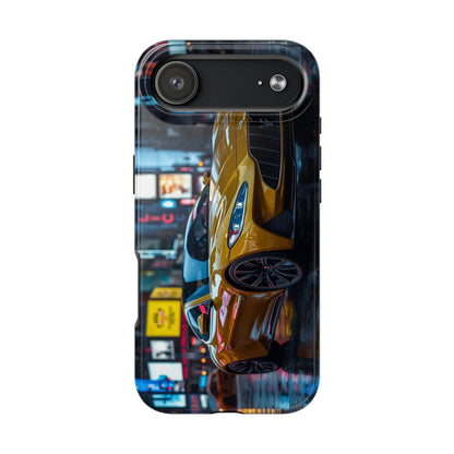 Phone case with a yellow car design on a white background