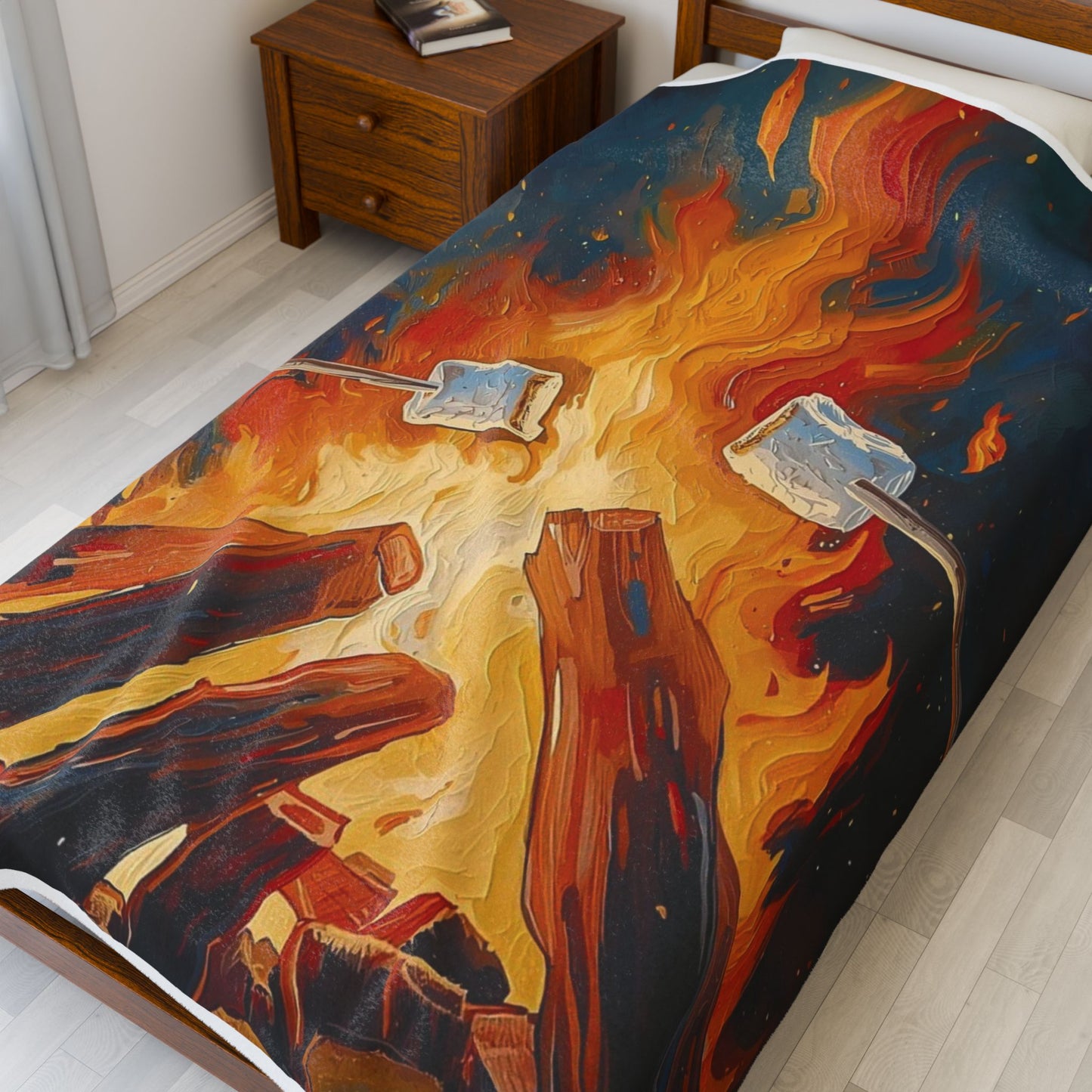 Bonfire Marshmallow Plush Blanket — Cozy Velveteen Throw for Camping Nights & Outdoor Gatherings