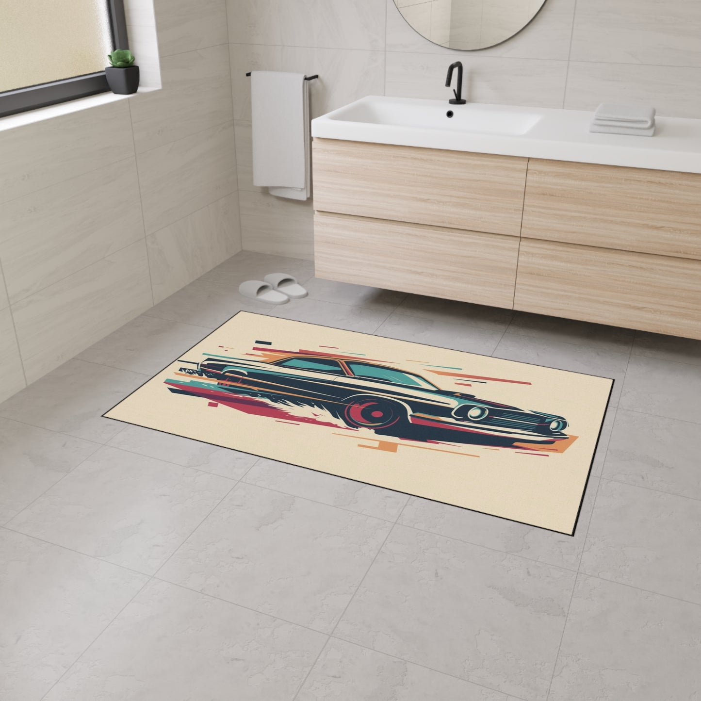 Bathroom with a decorative rug featuring a car design on the floor.