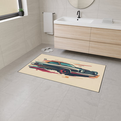 Bathroom with a decorative rug featuring a car design on the floor.