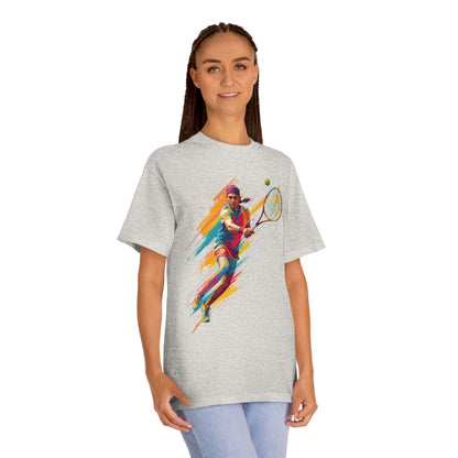 Tennis Player Graphic Tee — Colorful Action Racquet Design Shirt