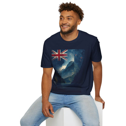 New Zealand Flag Mountain T-Shirt Cinematic Landscape Soccer Graphic Tee
