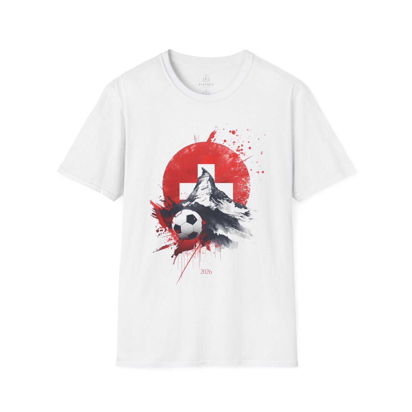 Swiss Flag Soccer T-Shirt with Grunge Paint Splatter and Alps Peak Design Tee