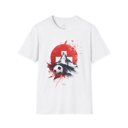 Swiss Flag Soccer T-Shirt with Grunge Paint Splatter and Alps Peak Design Tee