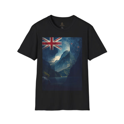 New Zealand Flag Mountain T-Shirt Cinematic Landscape Soccer Graphic Tee