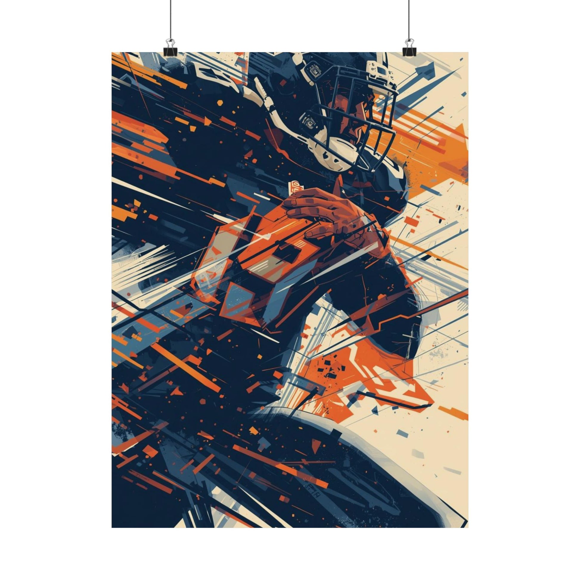 Abstract art print of a football player with dynamic lines and shapes in orange, blue, and black on a white background.