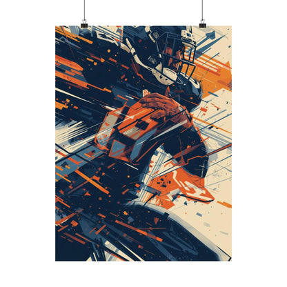 Abstract art print of a football player with dynamic lines and shapes in orange, blue, and black on a white background.