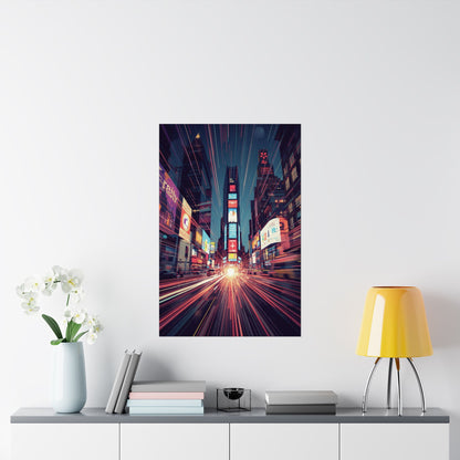 Framed cityscape print on a wall above a table with decor items.