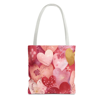 Heart Pattern Tote Bag — Pink Floral Valentine All-Over Print