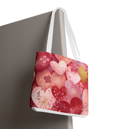 Heart Pattern Tote Bag — Pink Floral Valentine All-Over Print