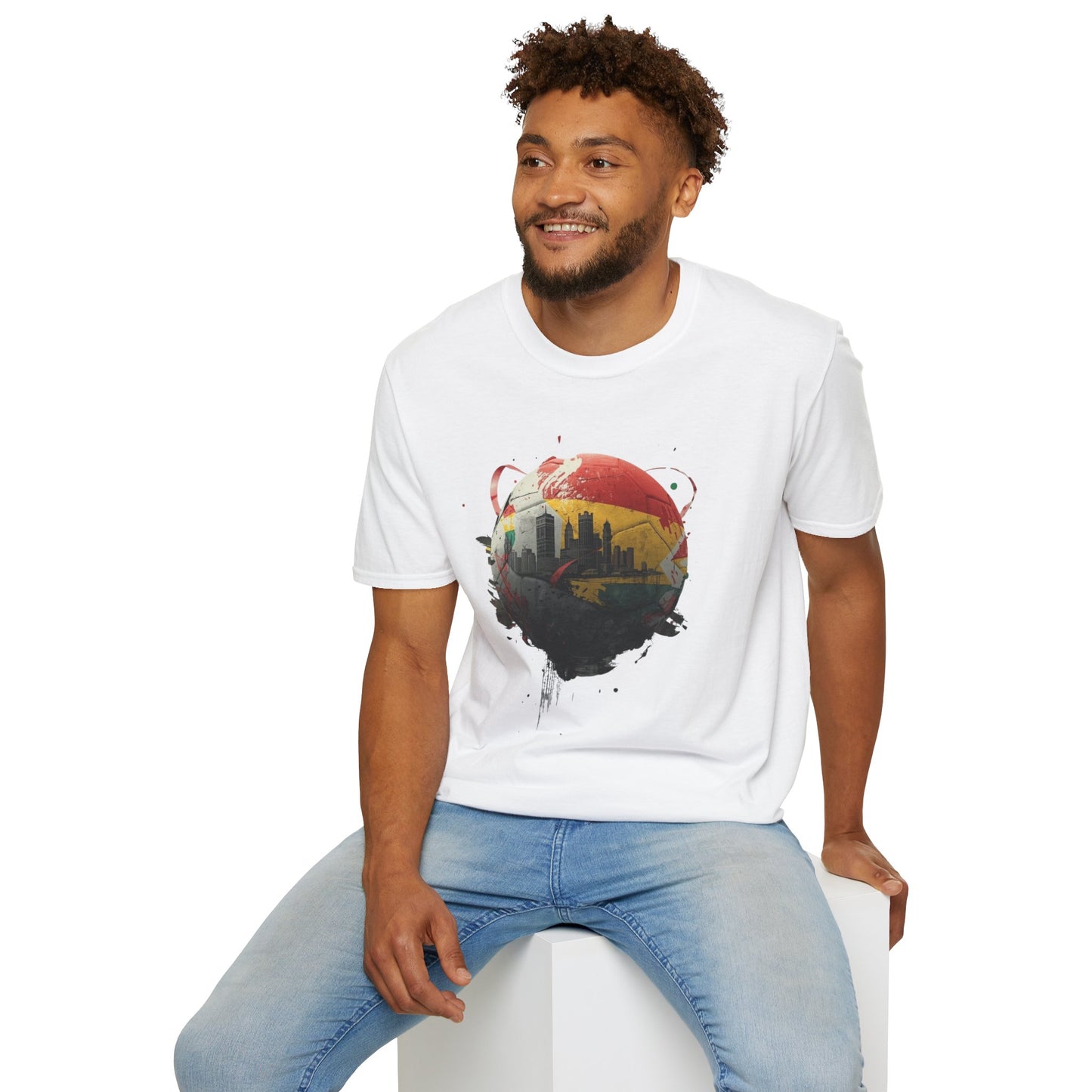 Ghana Soccer Ball with Accra Skyline and Flag Drips T-shirt Fan Tee