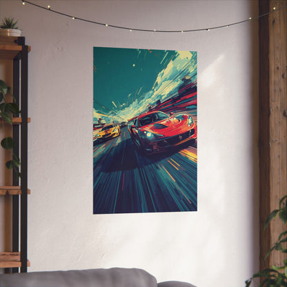 Colorful poster of racing cars on a wall in a room with a shelf and plants.