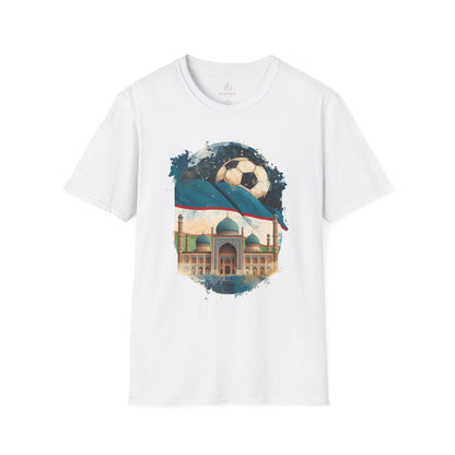 Uzbekistan Football Pride T-shirt Historic Madrasa and Vintage Soccer Ball Tee
