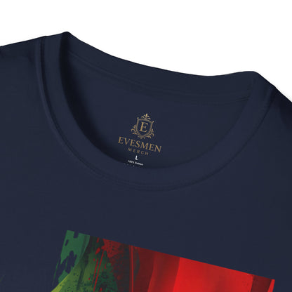 Navy blue t-shirt with colorful design and 'Evesmen Merch' logo on a white background