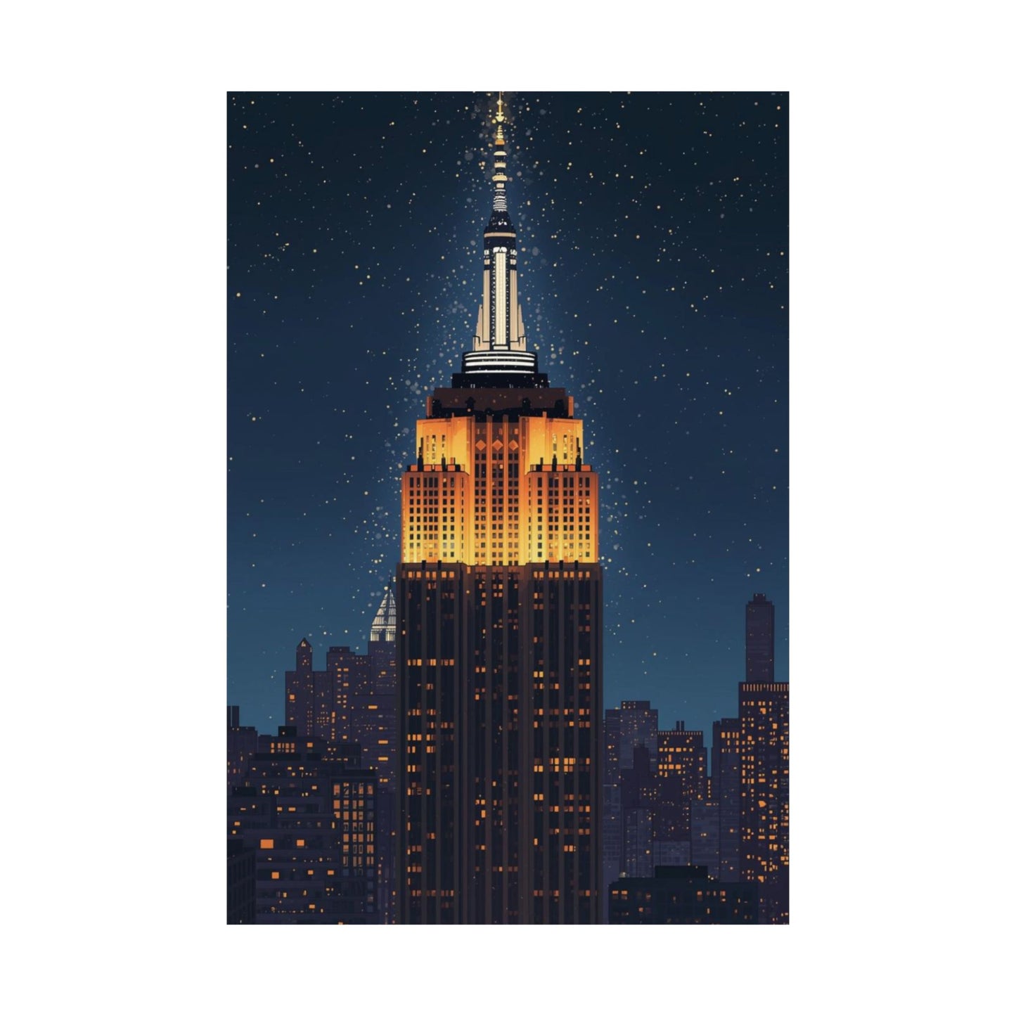 Illustration of the Empire State Building at night with a starry sky.