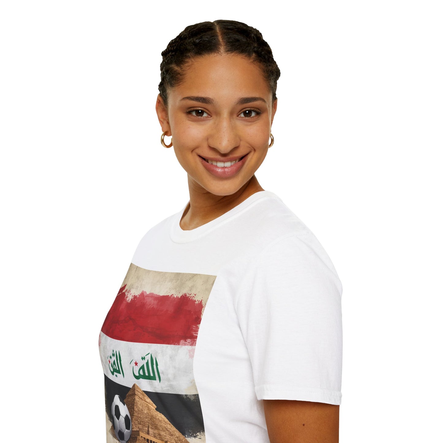 Iraq Flag Soccer T-Shirt — Arabic 'Allah Al-Watan' Vintage Pyramids Design Tee