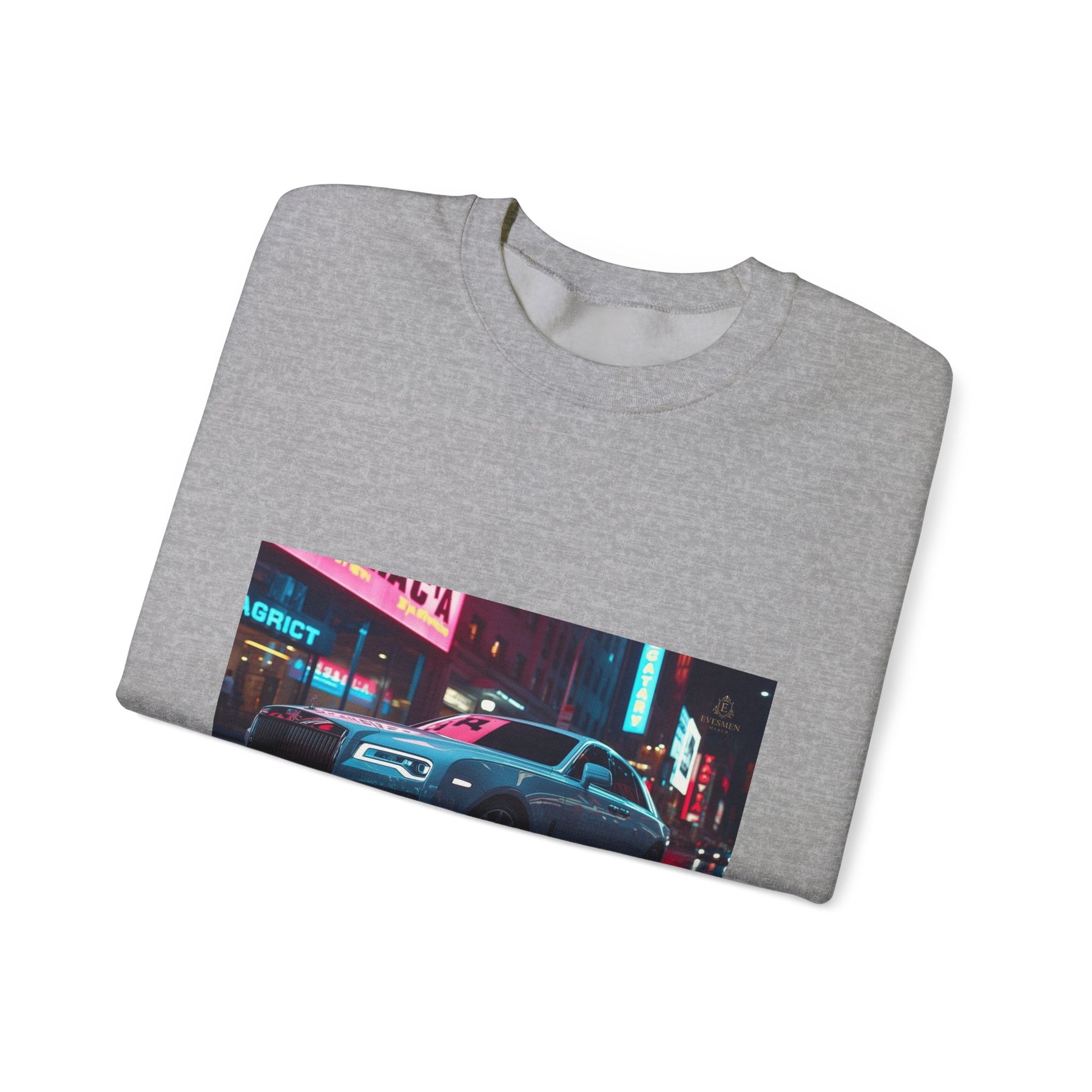 Folded gray t-shirt with a graphic of a car and neon lights on a white background