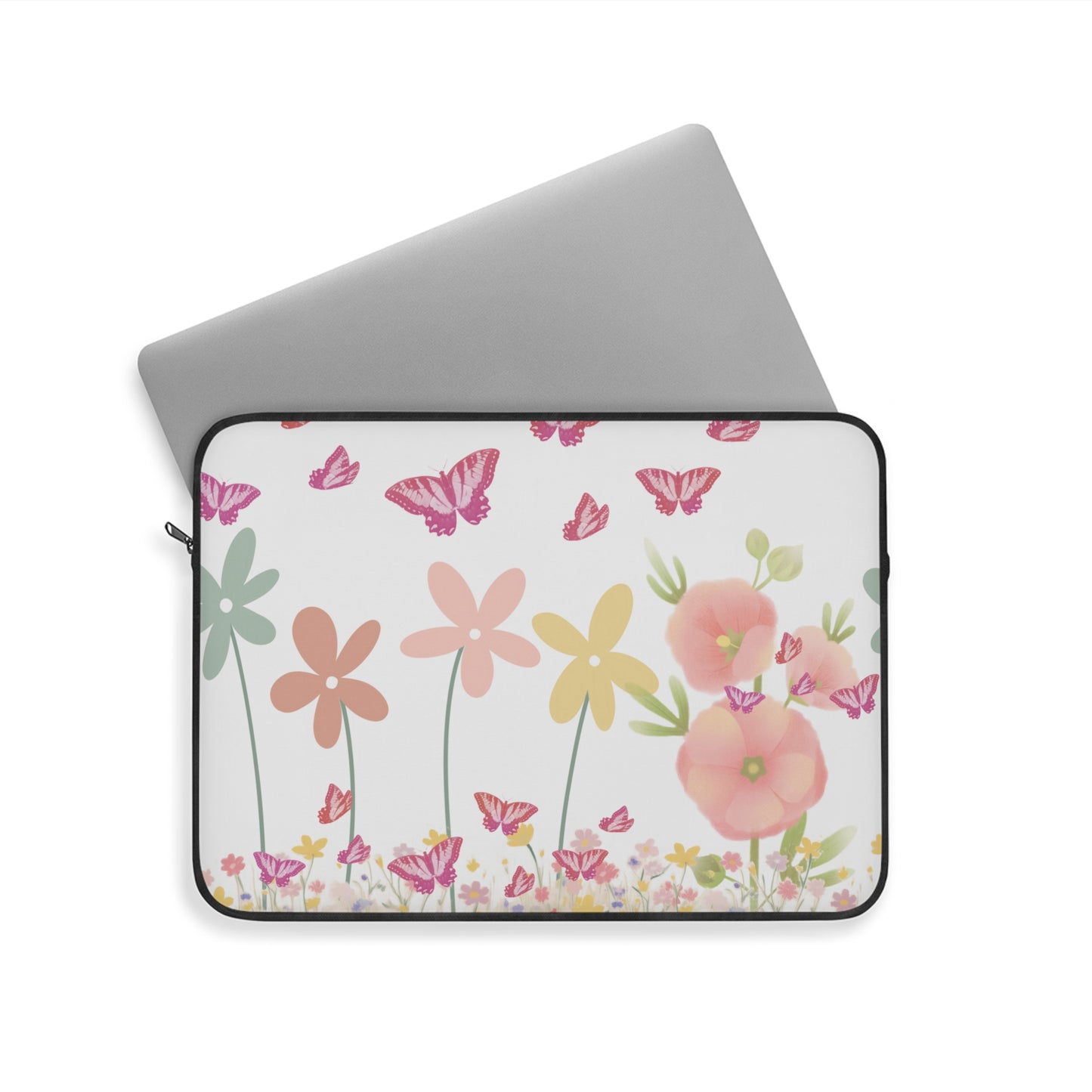 Laptop sleeve with floral and butterfly design on a white background