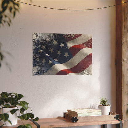 American flag painting on a wall with a wooden table and plants below